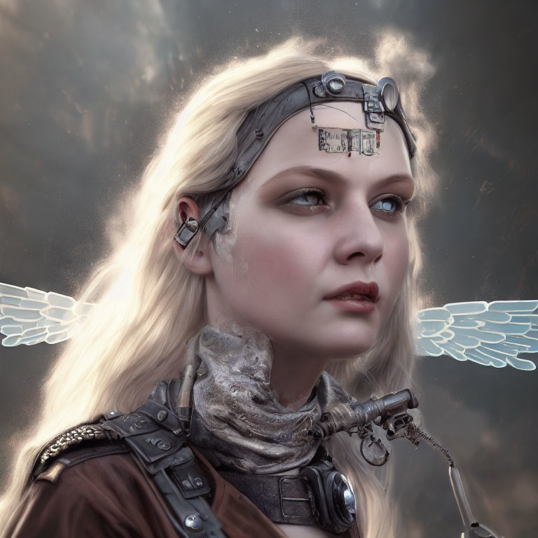 Blonde Woman with Cybernetic Enhancements and Ethereal Wings in Cloudy Sky