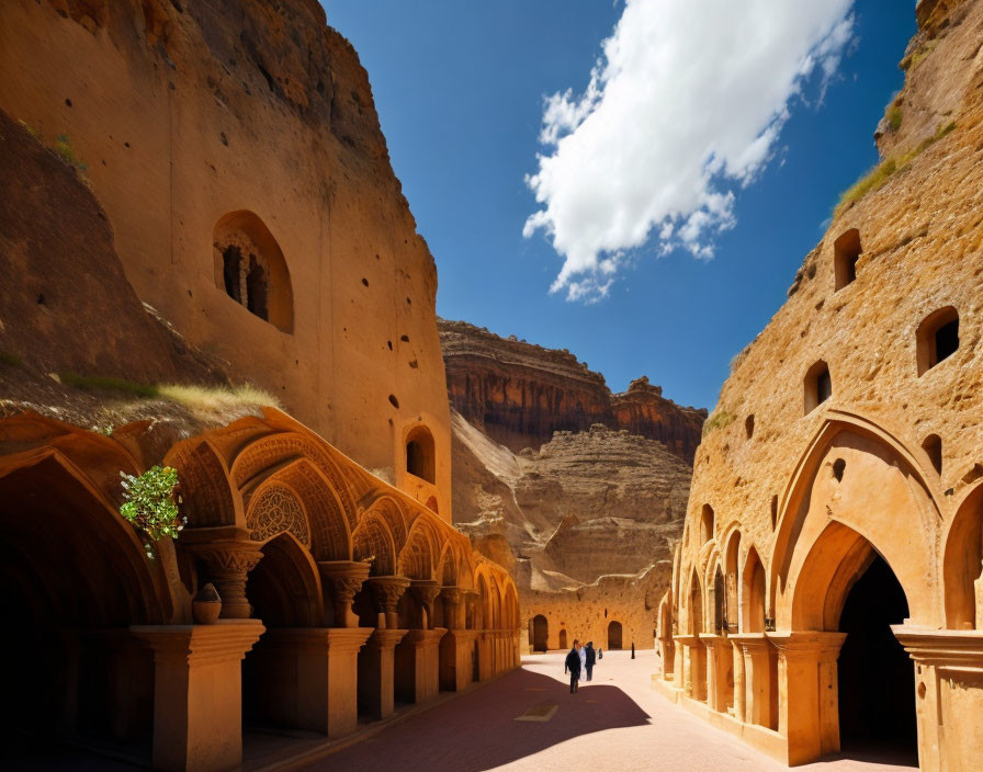 Ancient cliff-side architecture with arched caverns under clear blue sky