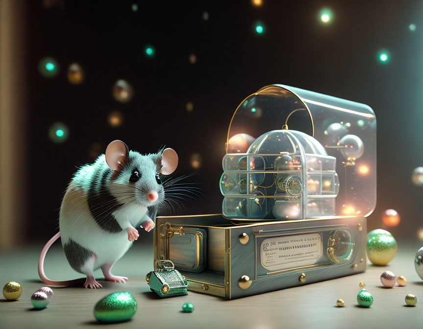 Whimsical mouse with glowing treasure chest and orbs