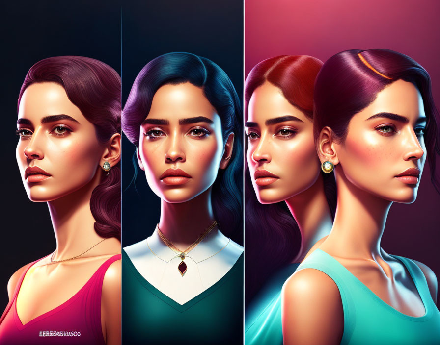 Stylized portraits of a woman with colorful backdrops and outfits