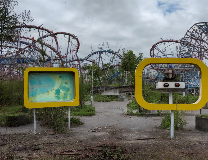 Desolate amusement park with rusty roller coaster and overgrown vegetation.