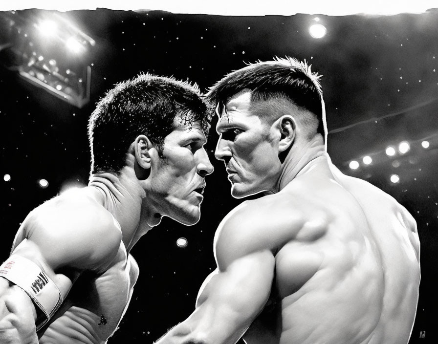 Intense face-off between two focused boxers before match