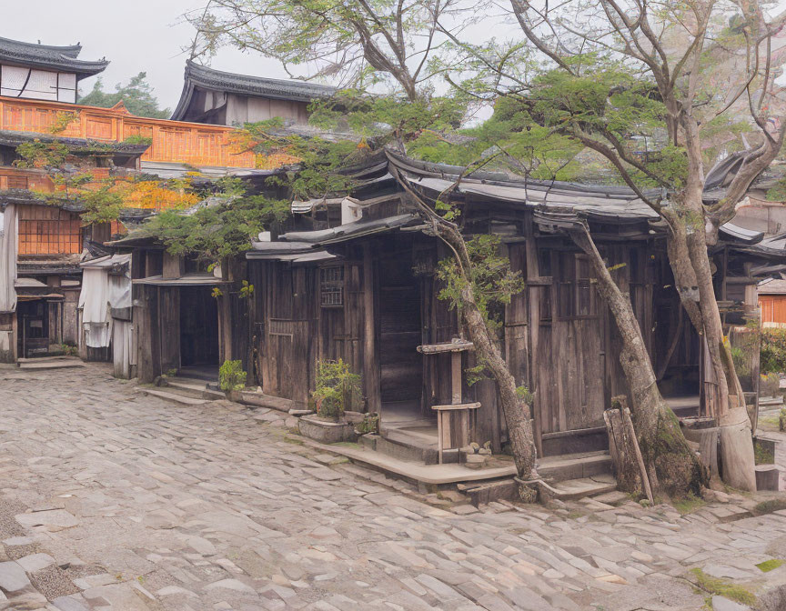 Traditional wooden Japanese houses on cobbled street with lanterns