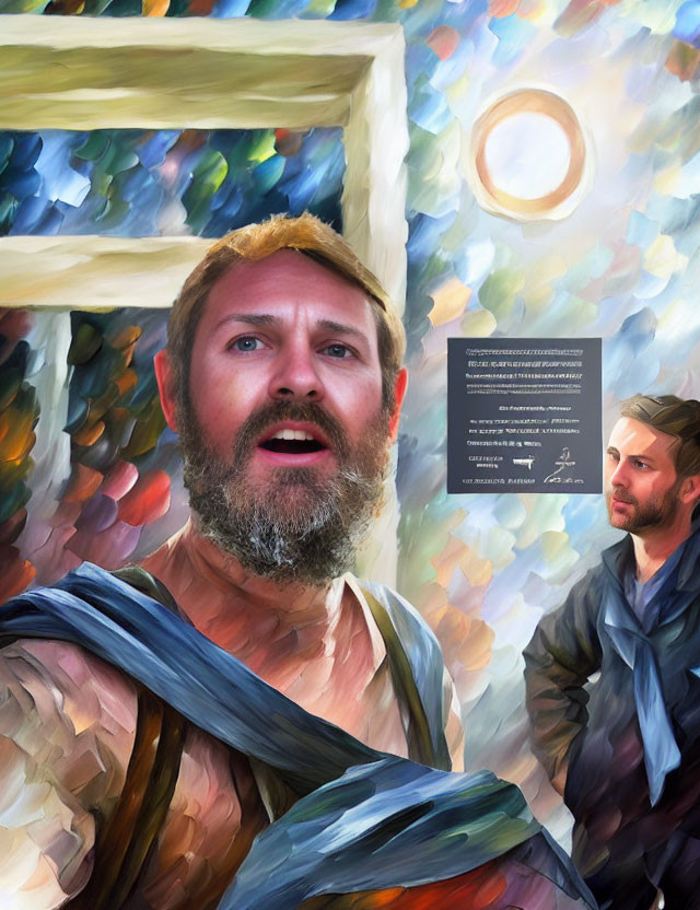 Classical painting with bearded man and modern observer in impressionistic setting