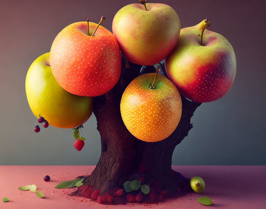 Colorful apples on dark tree trunk with berries and leaves on pink surface.