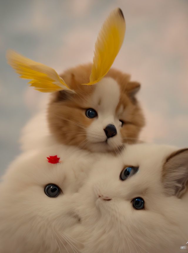 Fluffy anthropomorphic cats with blue eyes and unique accessories