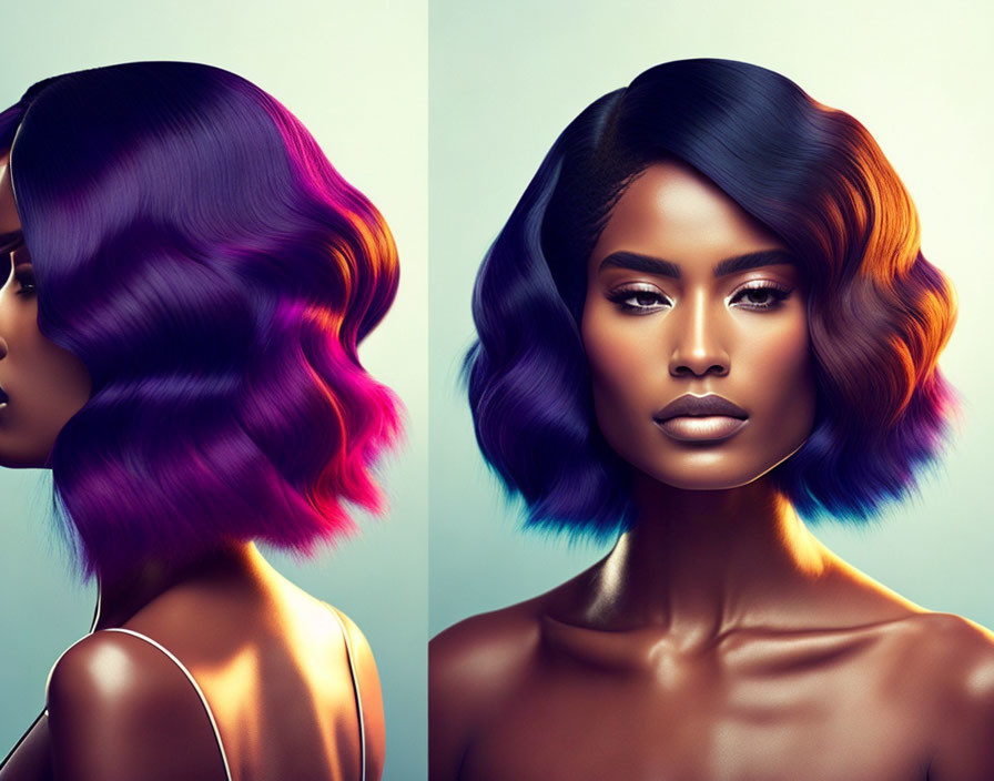 Multicolored Bob Hairstyle with Purple to Blue Gradient Hair