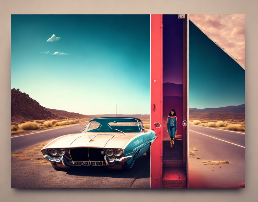 Conceptual image: Open door to desert with woman and vintage car