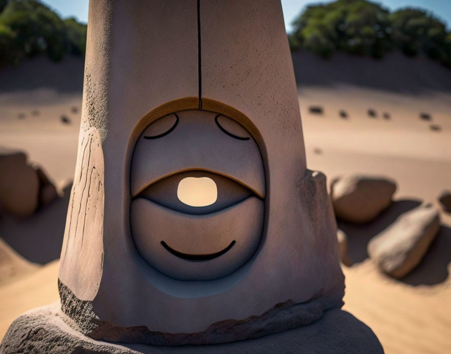 Whimsical sand sculpture with smiling face in desert setting