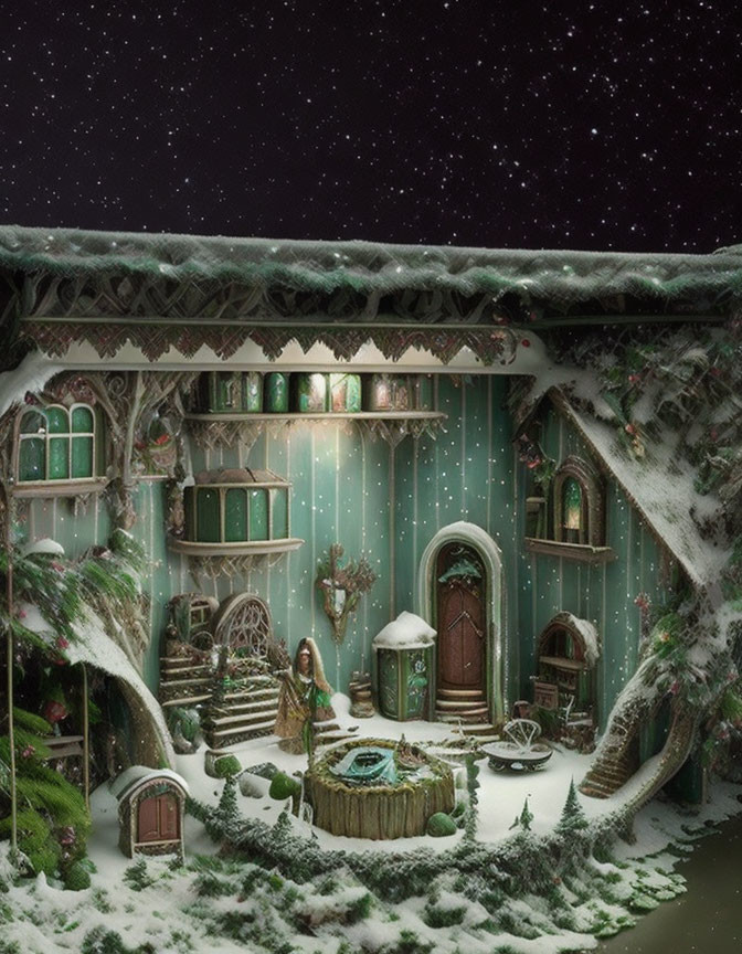 Snow-covered fairy tale cottage with ornate details under starry night sky