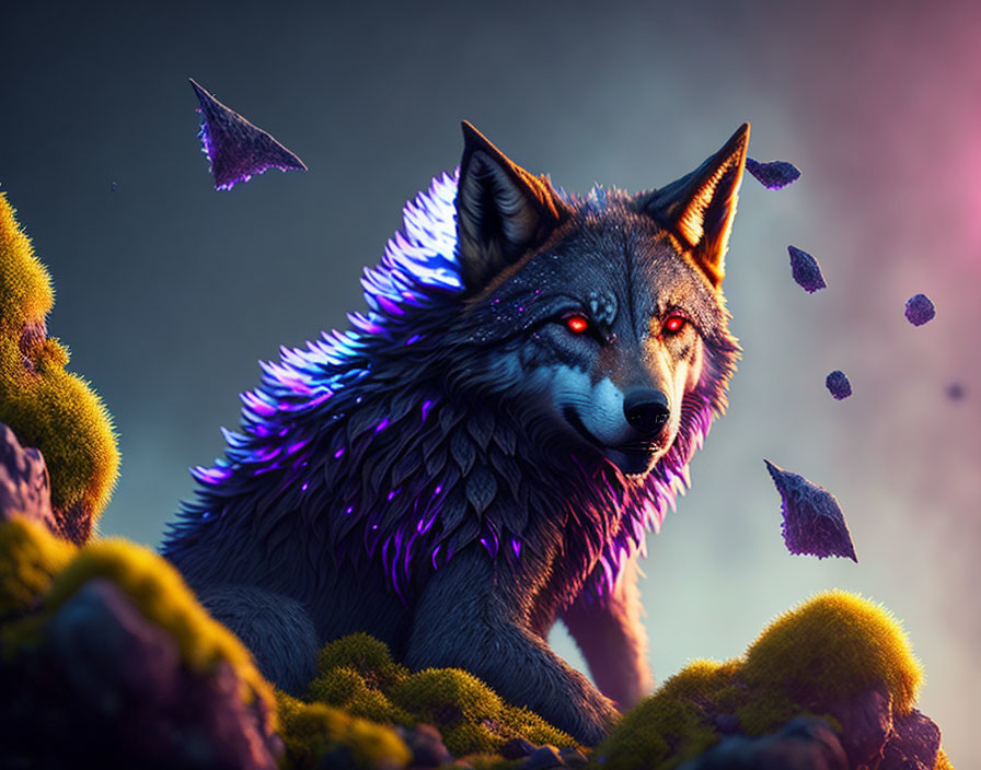 Mystical wolf with red eyes and purple feathers in surreal landscape