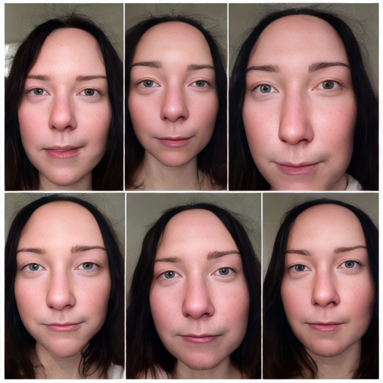 Close-Up Portraits: Woman's Subtle Facial Expressions in 2x3 Grid