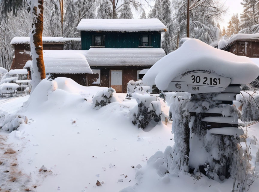 Snow-covered cabin and mailbox in serene winter landscape