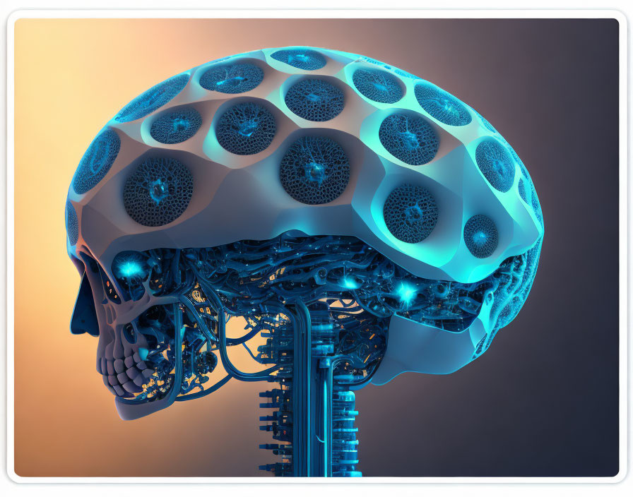 Futuristic 3D rendering of cybernetic human skull and spine