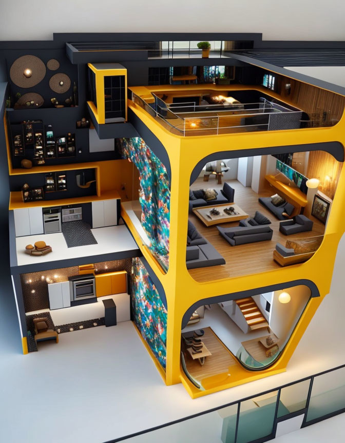 Modern Multi-Level Home Interior with Bold Yellow and Black Color Scheme