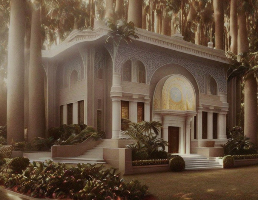 Classical building with intricate designs in serene twilight setting