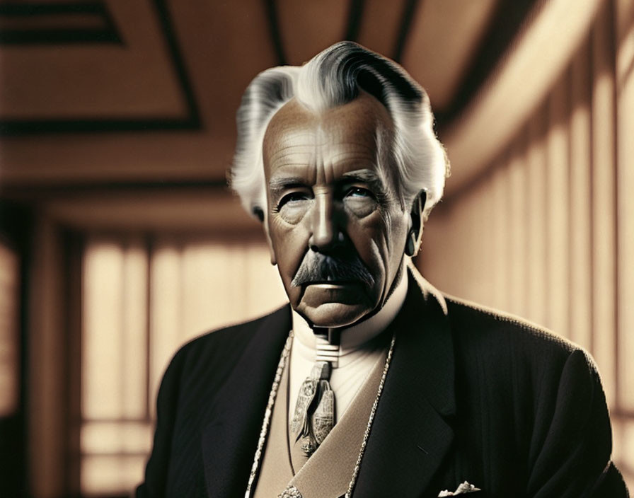 Elderly man in suit with white mustache in wooden panel room