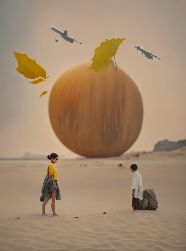 Surreal desert landscape with giant peach and flying planes