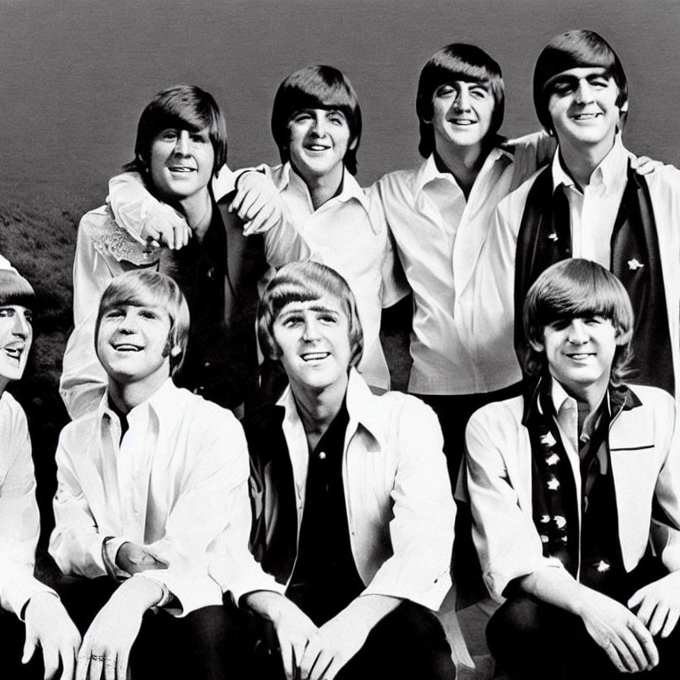 Group of seven young men in black and white photo with similar hairstyles and white shirts