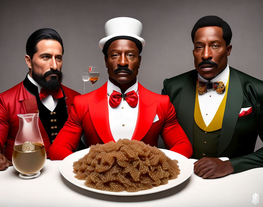 Sophisticatedly dressed animated gentlemen at a table with food and pitcher.