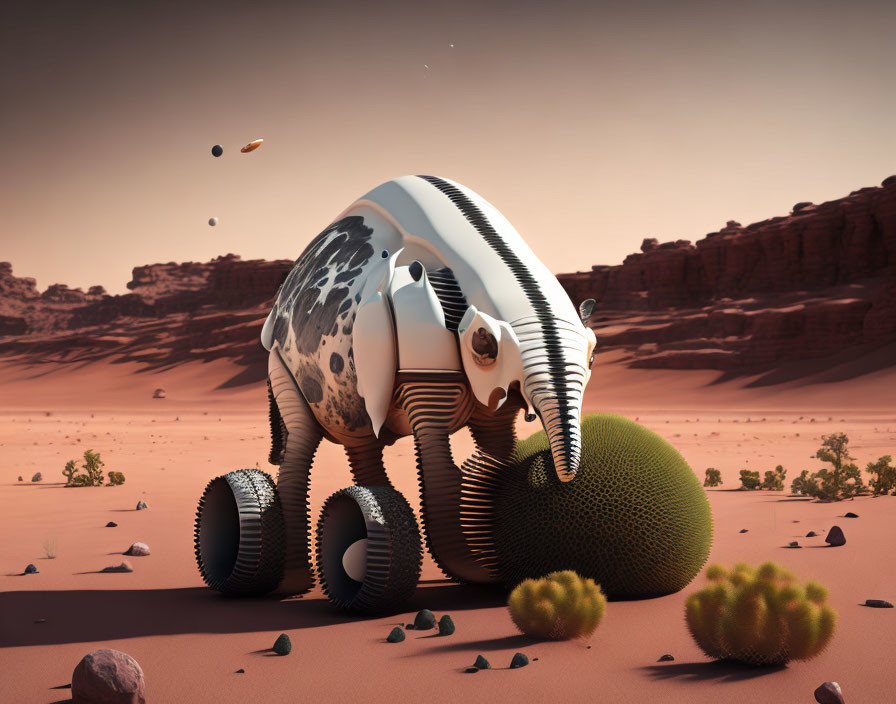 Surreal robotic elephant with wheel legs in desert landscape