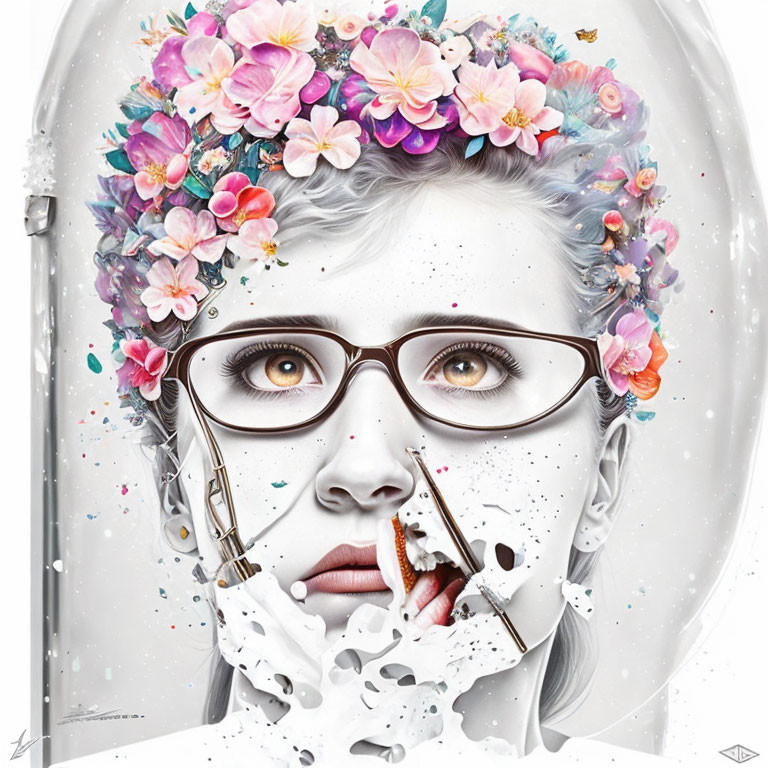 Surreal portrait of woman with glasses and disintegrating face among vibrant flowers