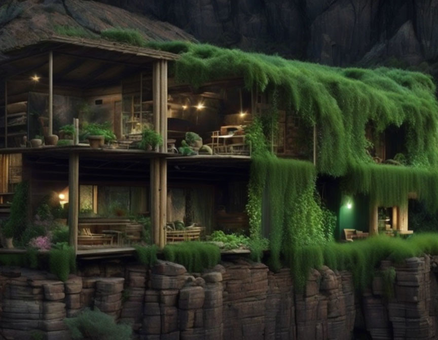 Cliffside house adorned with green ivy, wooden structure, plants, and warm lighting