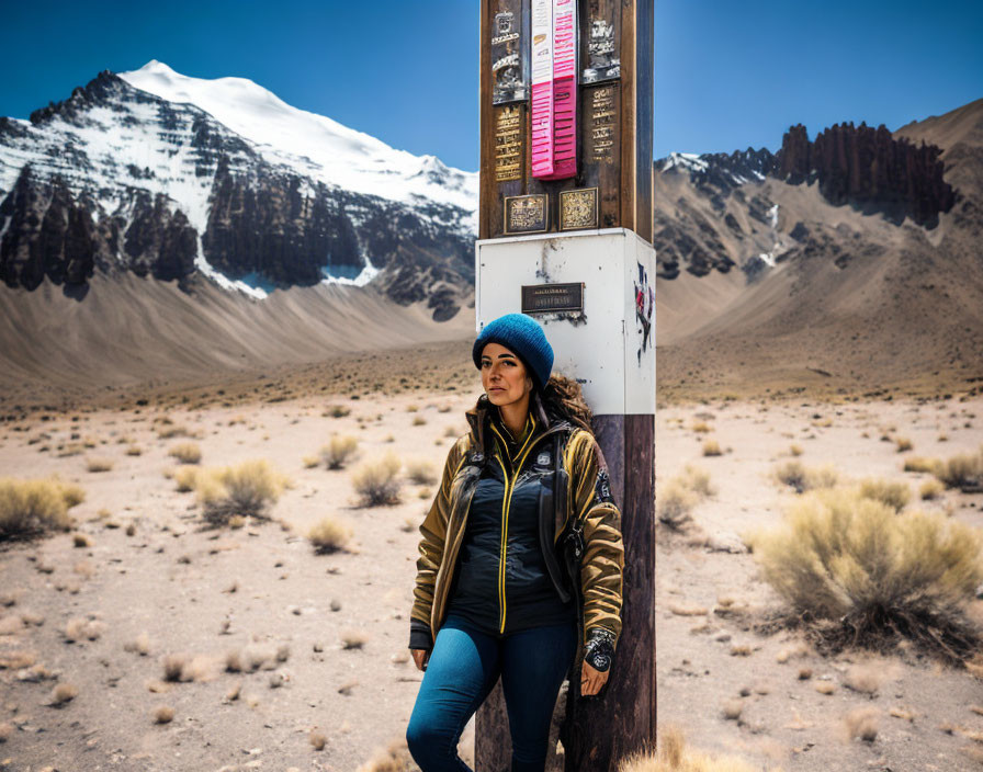 Person in Blue Beanie and Jacket by Mountain Signpost in Desert Landscape