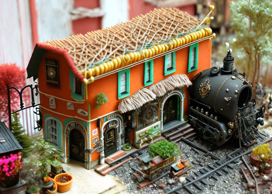 Colorful Thatched Roof Miniature House with Steampunk Train and Flora