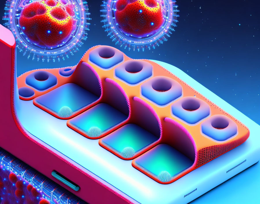 Colorful digital artwork of retro game console with 3D effect surrounded by glowing spheres