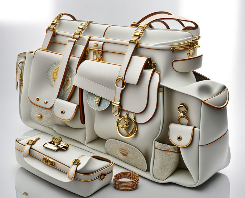 Luxury Ivory Handbags & Accessories with Gold Hardware on Light Background