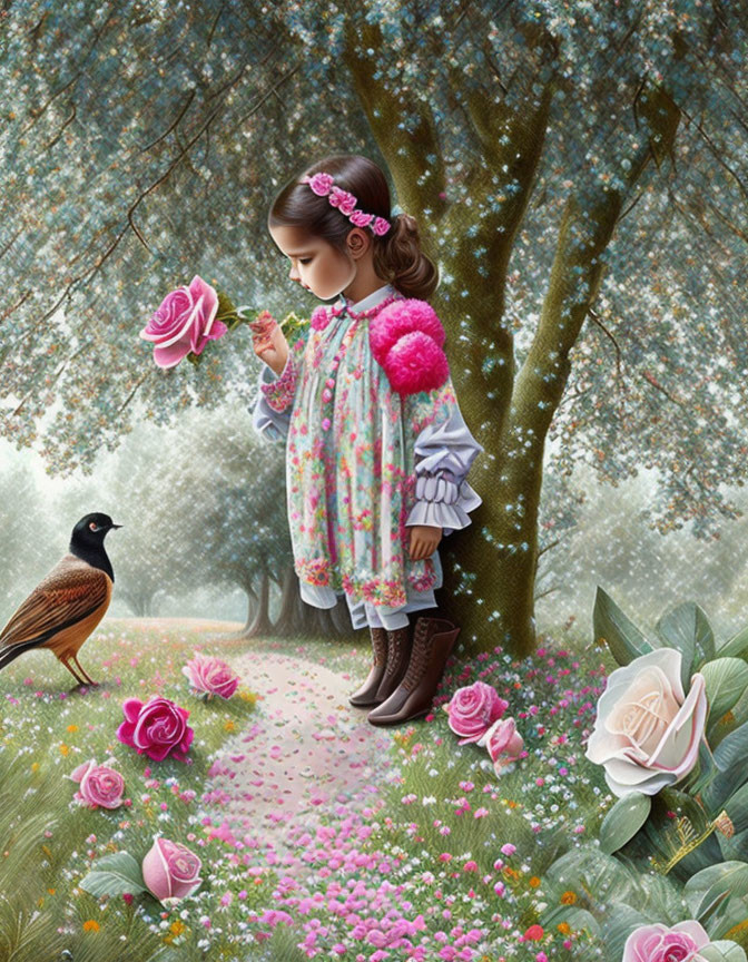 Young girl in floral dress and boots admires flower in vibrant garden with bird nearby