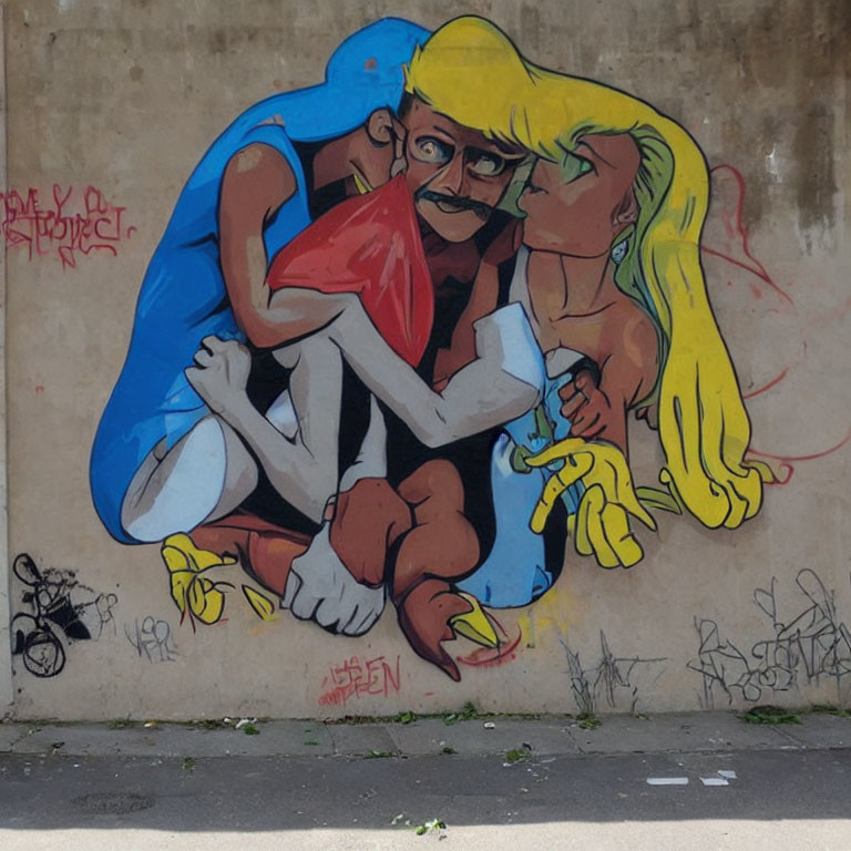 Vibrant street art mural of cartoonish couple on urban wall