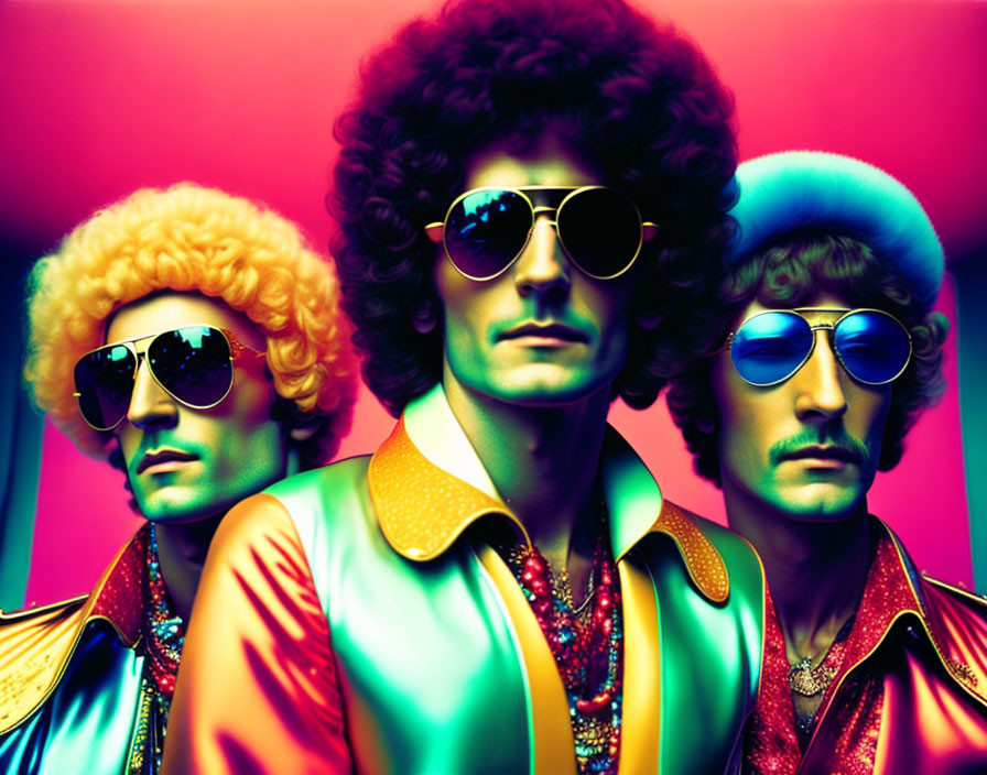 Three people in '70s disco attire with afro hairstyles on neon pink and blue background