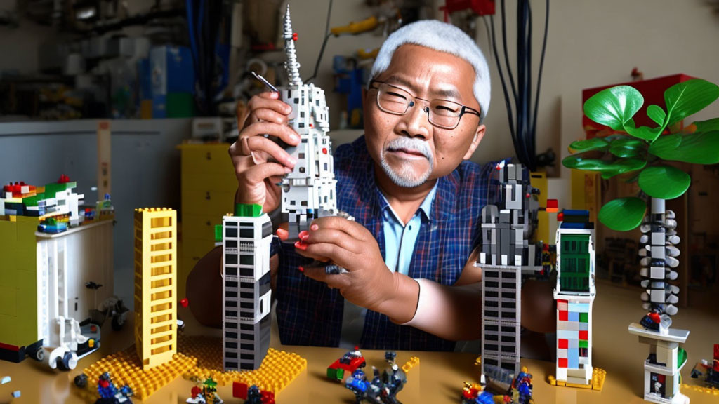 Man with glasses surrounded by LEGO models on table in toy-filled room