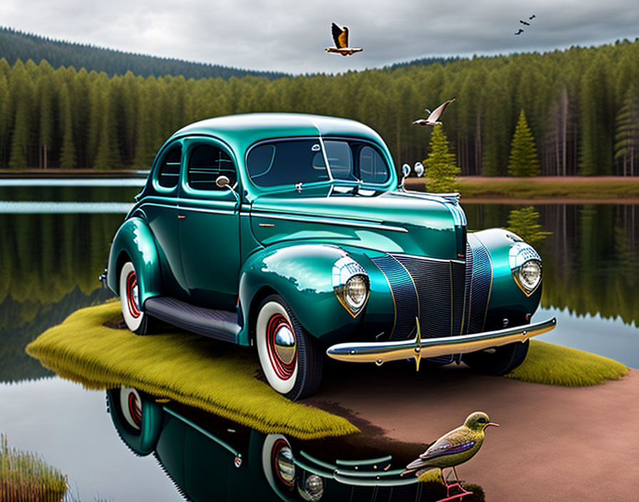 Vintage Green Car Parked on Floating Grass Platform Over Serene Lake