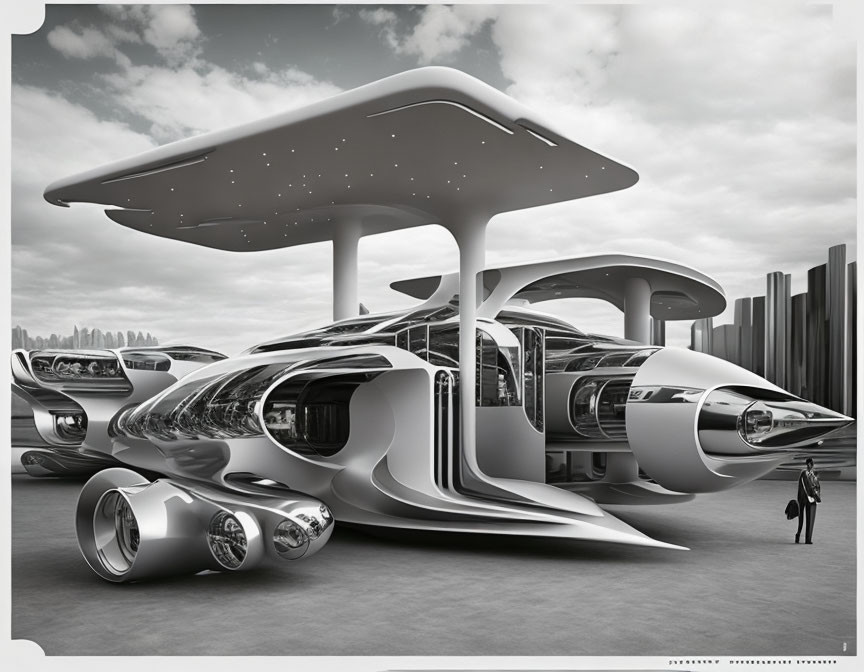 Futuristic transportation hub with round-edged vehicles and mushroom canopy structure