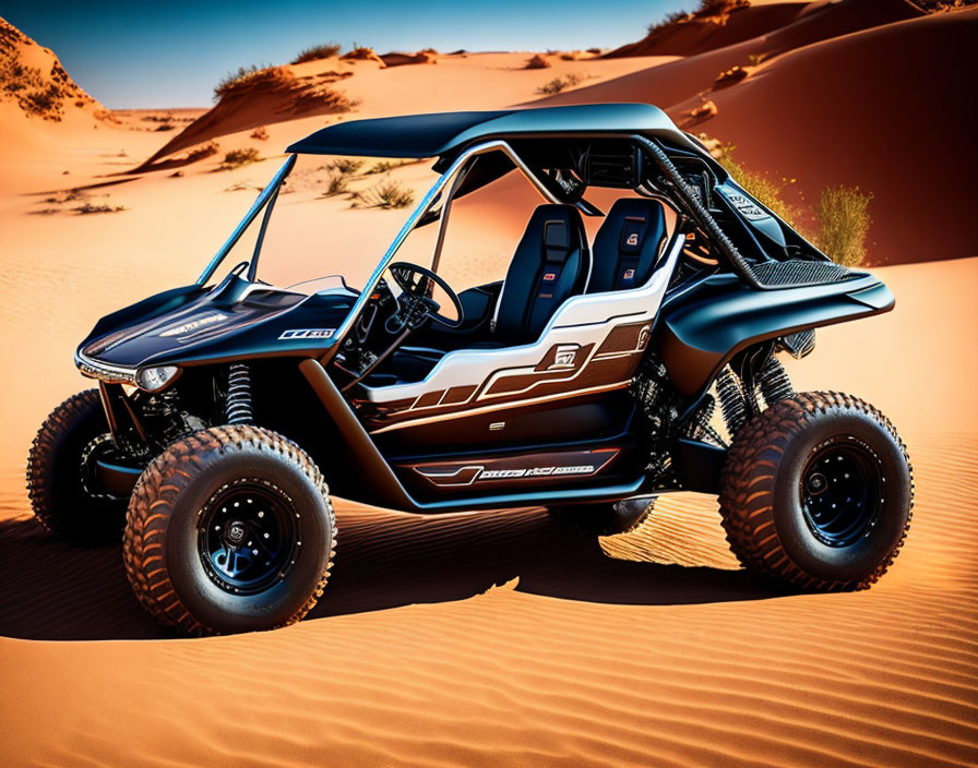 Black and White Side-by-Side ATV on Sand Dunes Under Blue Sky