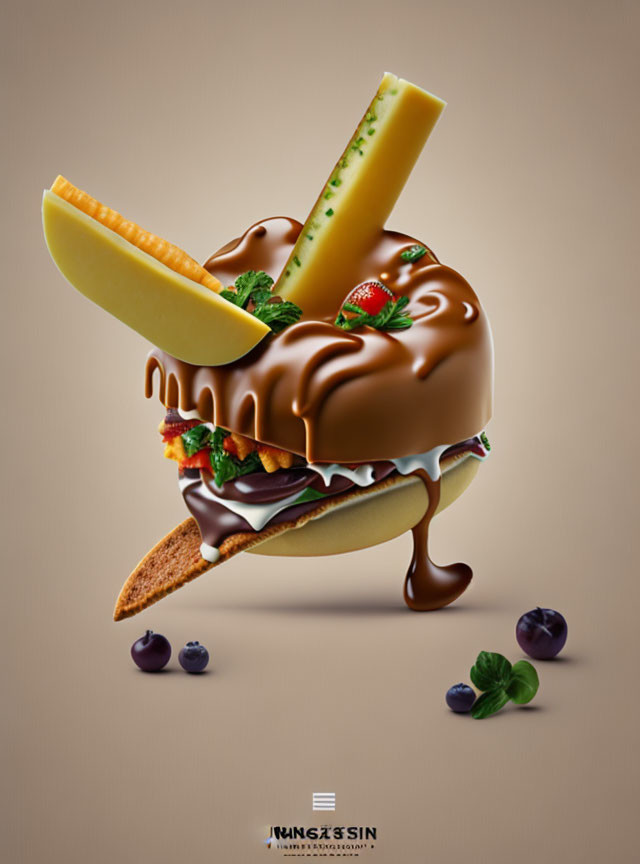 Digital artwork: Ice cream sundae burger with fruit and chocolate sauce on tan background, blueberries scattered