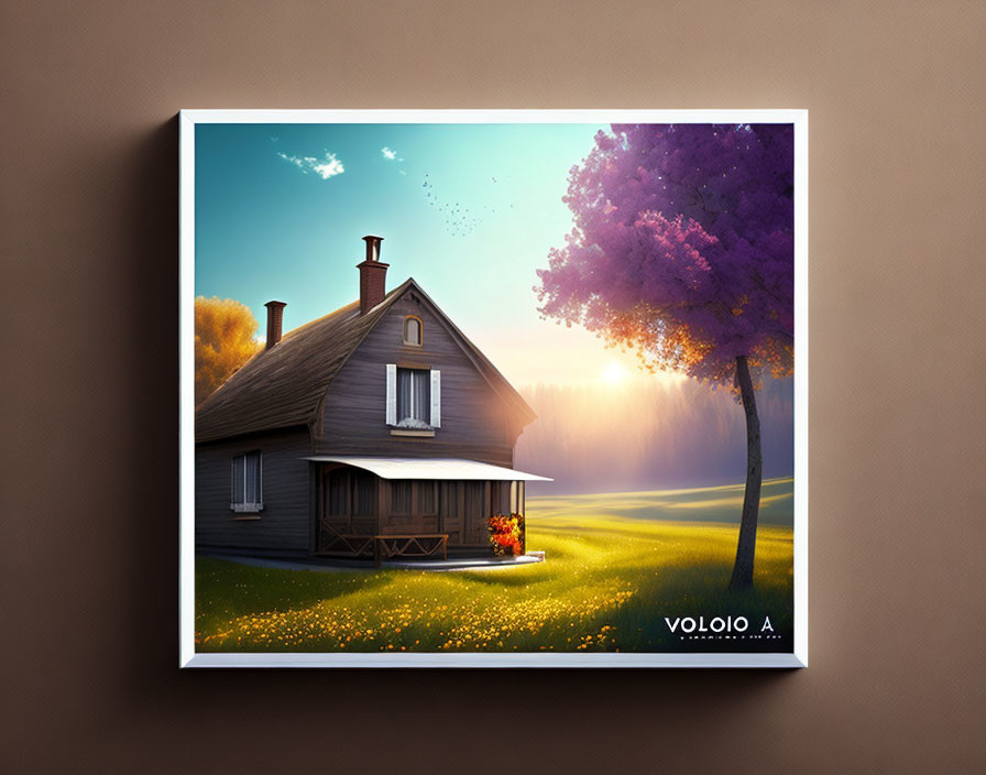 Scenic house with purple tree in sunlight on canvas wall