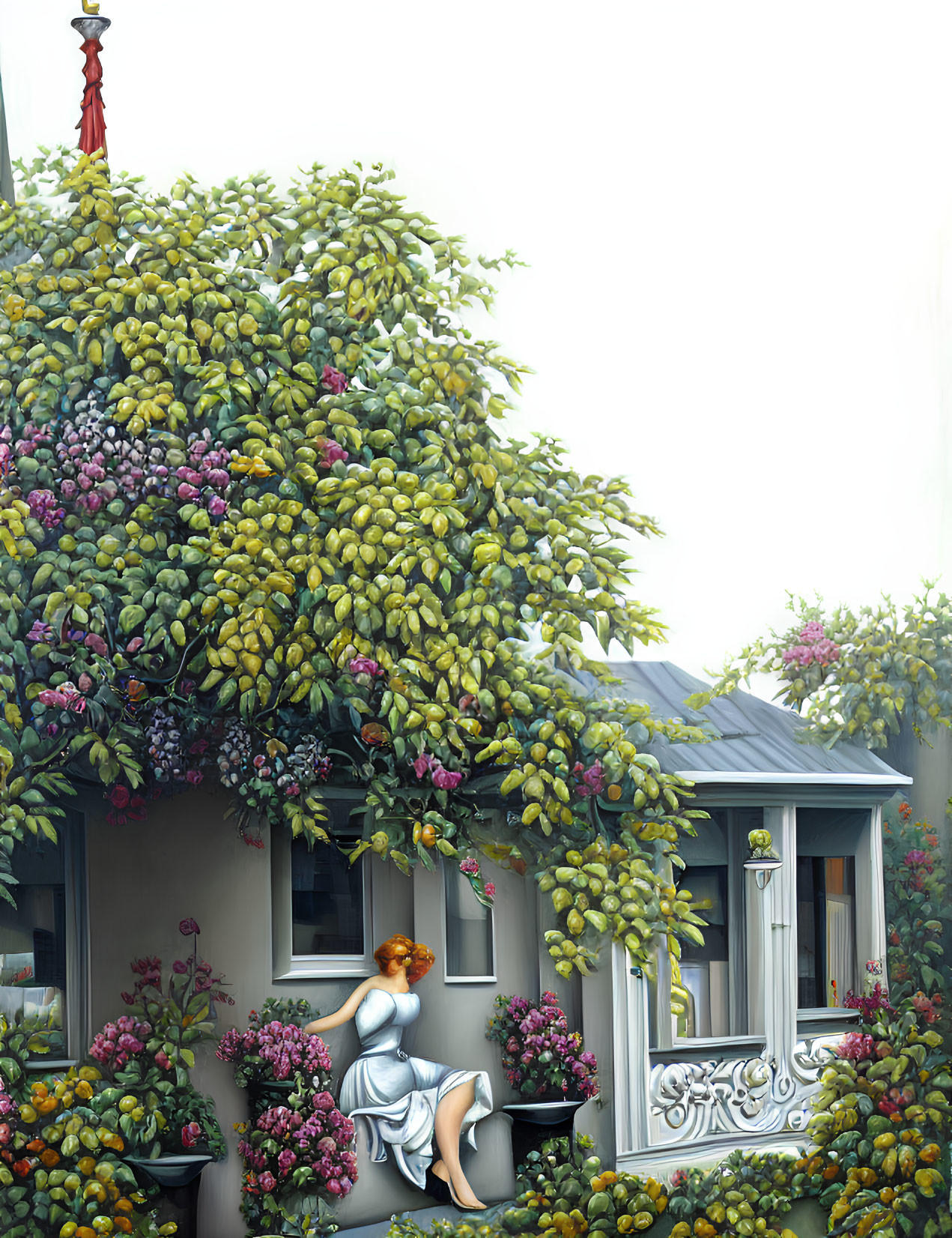 Woman sitting on lush balcony surrounded by vibrant flowers and greenery.