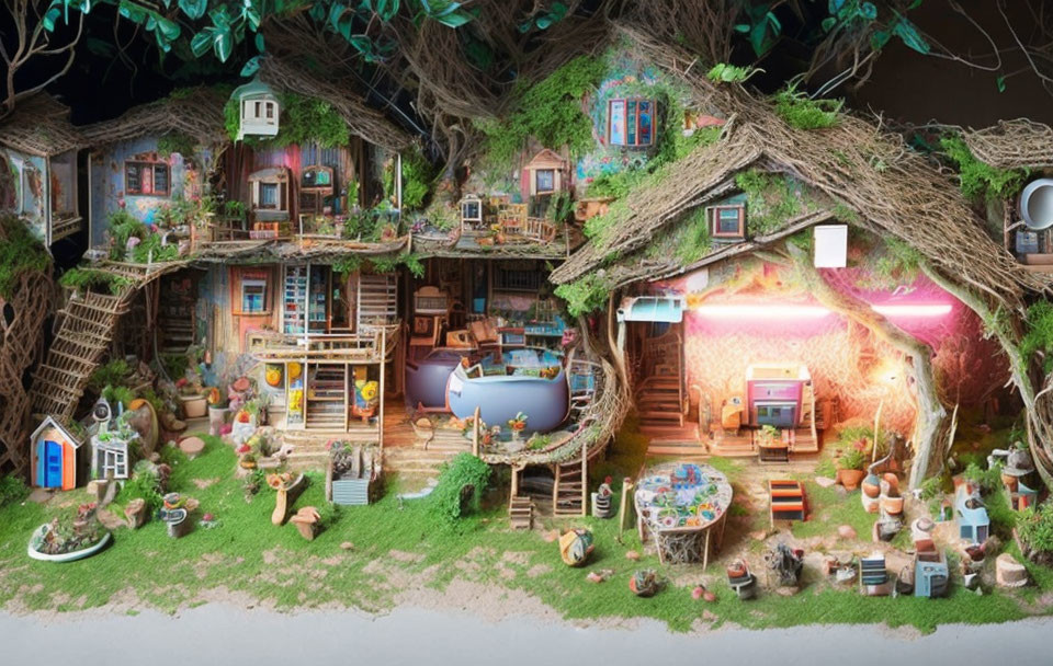 Colorful miniature fairy treehouse with multiple rooms and tiny accessories