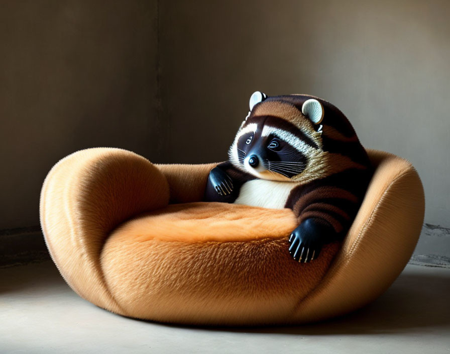 Plush toy raccoon on tan modern chair in dimly lit room