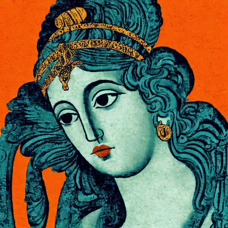 Stylized woman illustration with ornate headgear on orange background