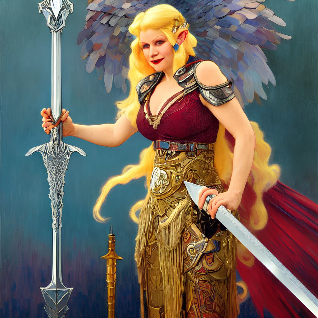 Blonde Elf with Wings Holding Spear and Sword in Fantasy Illustration