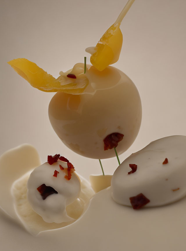 Creamy white dessert with shiny glaze, candied fruit slice, red flakes, and white chocolate