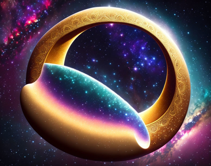 Golden ornate ring surrounding vibrant cosmic scene with stars and nebulae