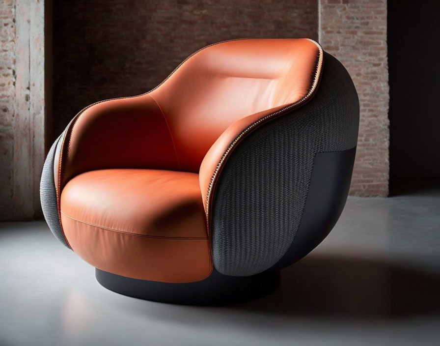 Curved Glossy Black Armchair with Orange Cushion Against Brick Wall