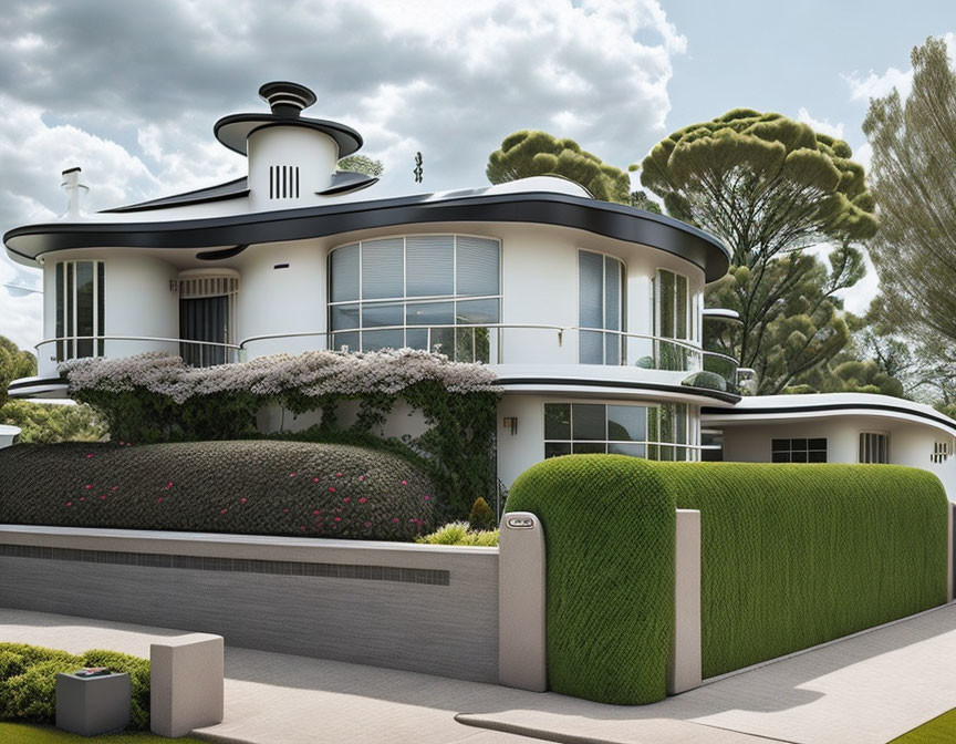 Modern White House with Curved Design and Large Windows in Lush Green Setting