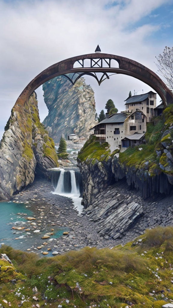 Scenic arch bridge over waterfall in rocky gorge